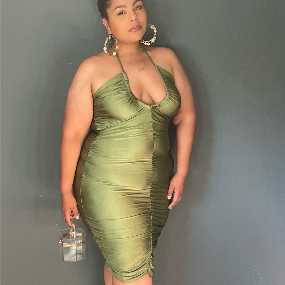 Plus Olive Ruched Bodycon Dress